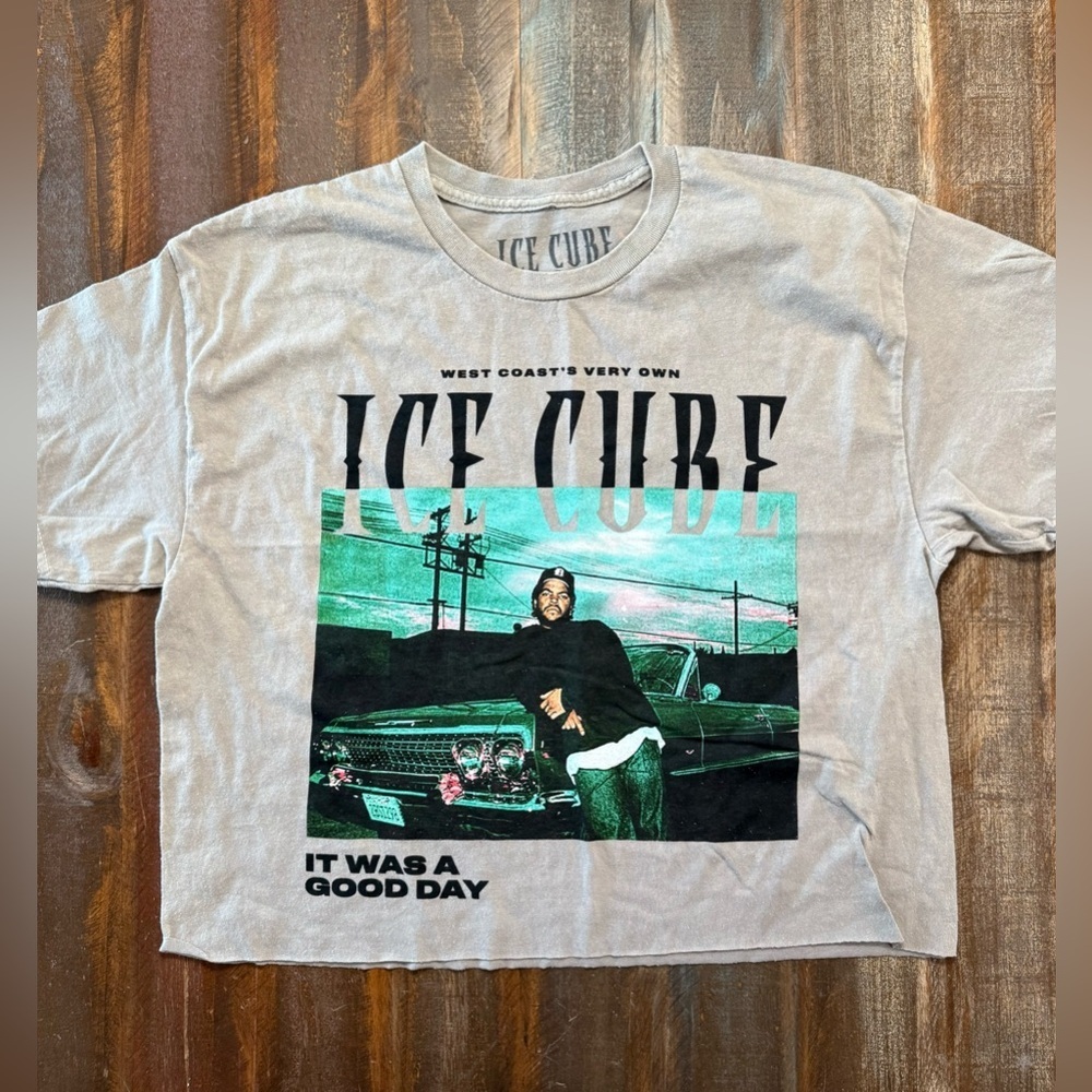 Ice Cube “It Was a Good Day” Graphic Crop Tee Size L Raw Hem Band Tee NWOT‎